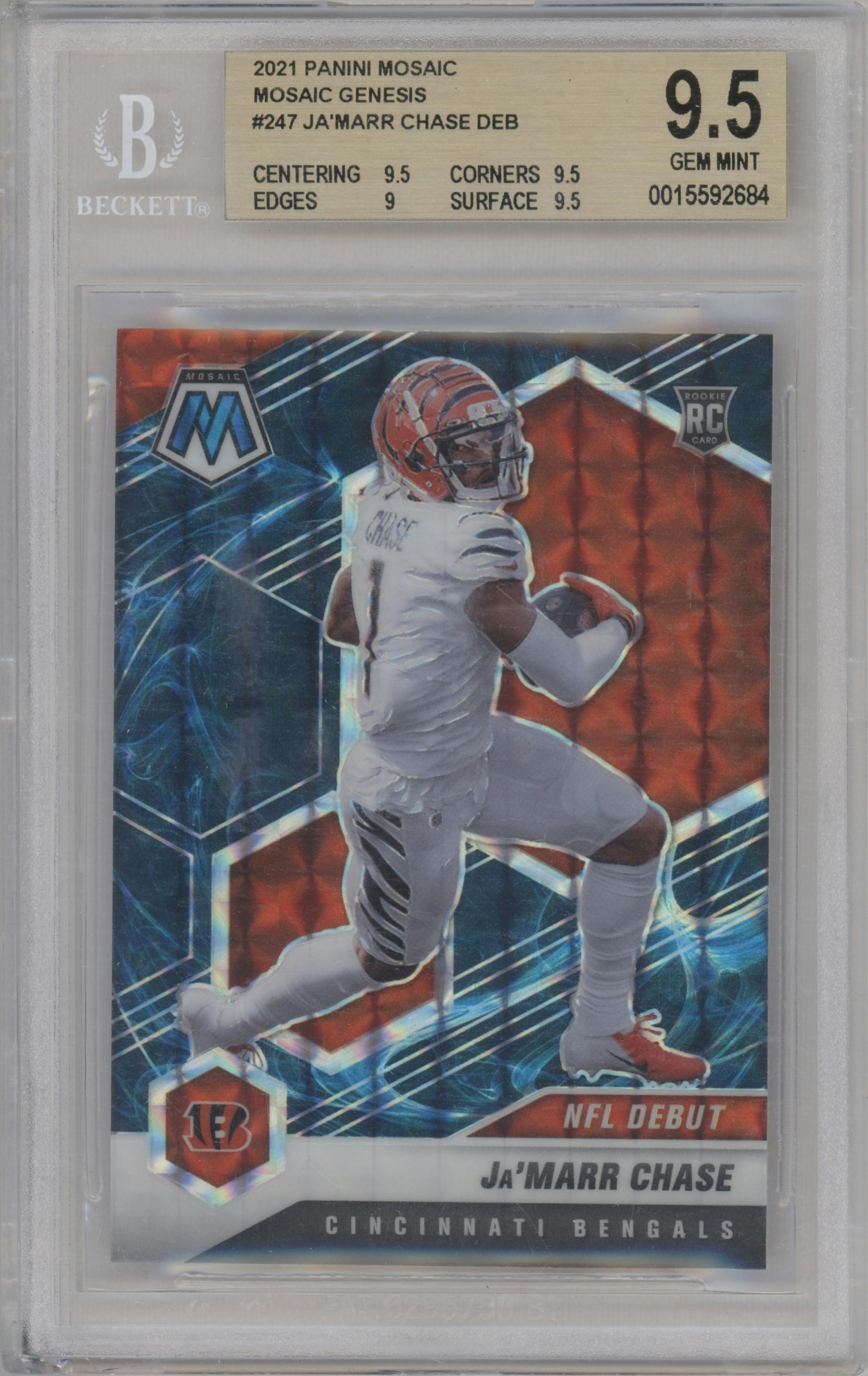Ja'Marr Chase from the 2021 Panini Mosaic set featuring a Genesis parallel graded by Beckett and given an overall grade of 9.5.
