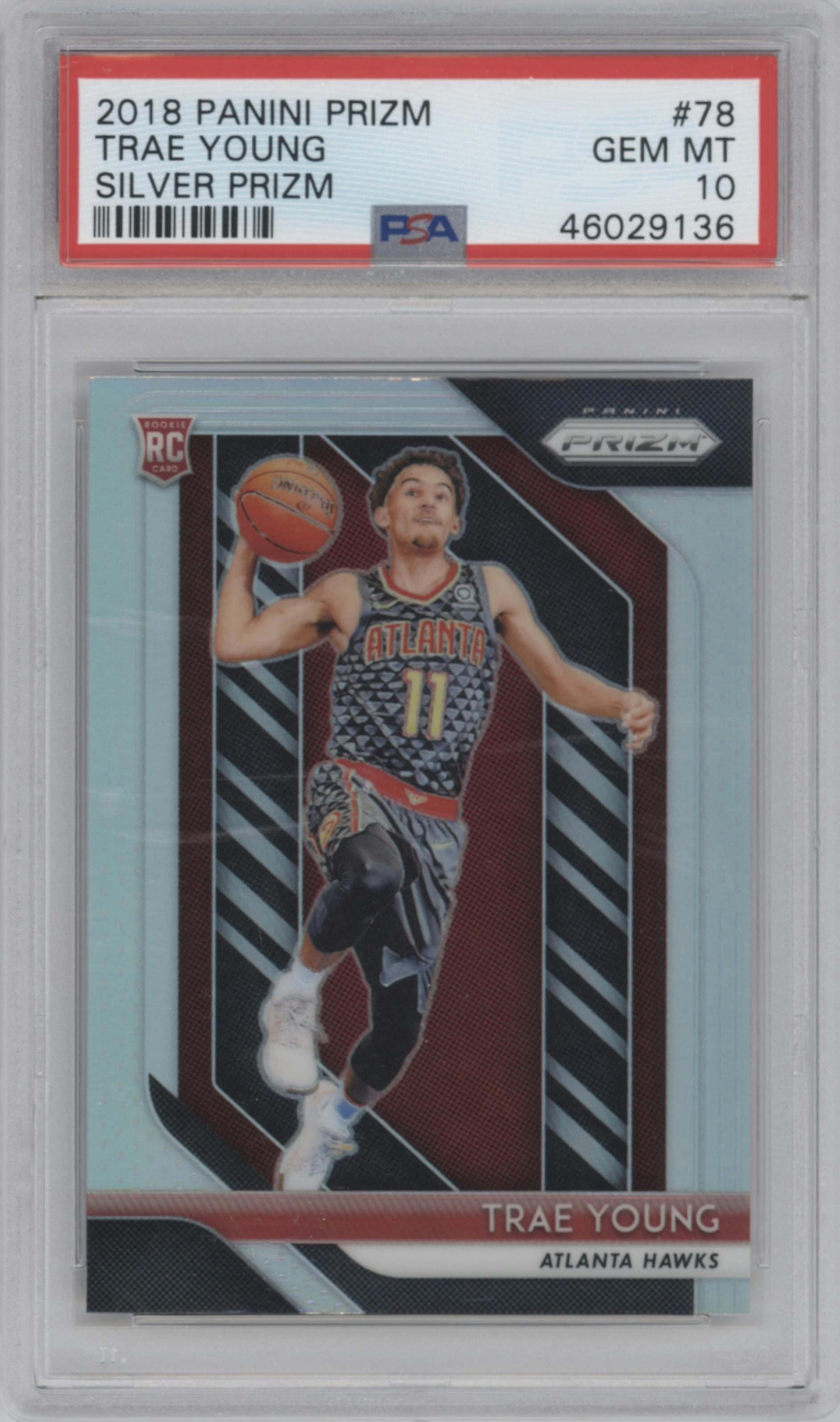 Trae Young from the 2018-19 Panini Prizm set featuring a Silver Prizm parallel graded by PSA and given an overall grade of 10.