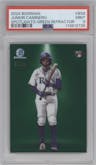 Junior Caminero from the 2024 Bowman set featuring a Green Refractor parallel graded by PSA and given an overall grade of 9.