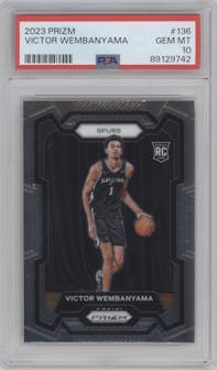 Victor Wembanyama from the 2023-24 Panini Prizm set graded by PSA and given an overall grade of 10.