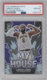 LeBron James from the 2022-23 Panini Donruss Optic  set featuring a Purple parallel graded by PSA and given an overall grade of 10.