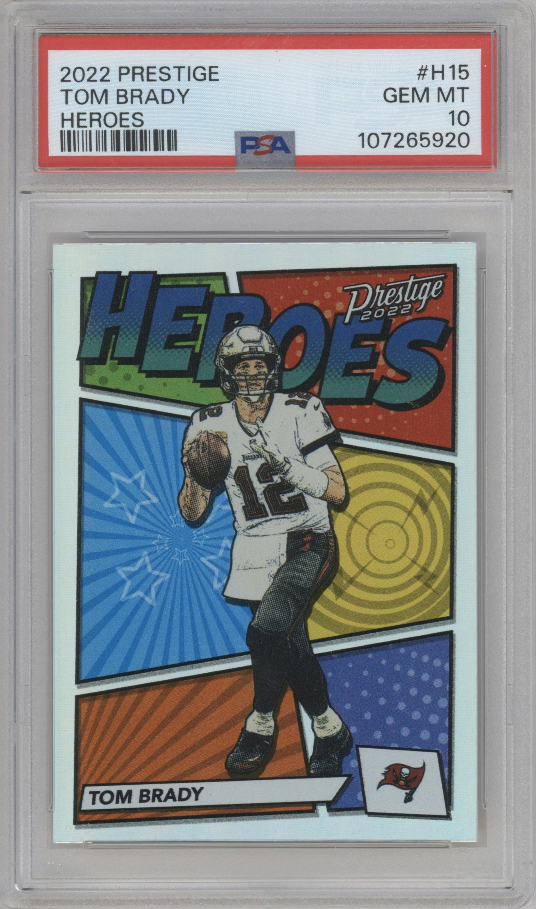 Tom Brady from the 2022 Panini Prestige set graded by PSA and given an overall grade of 10.