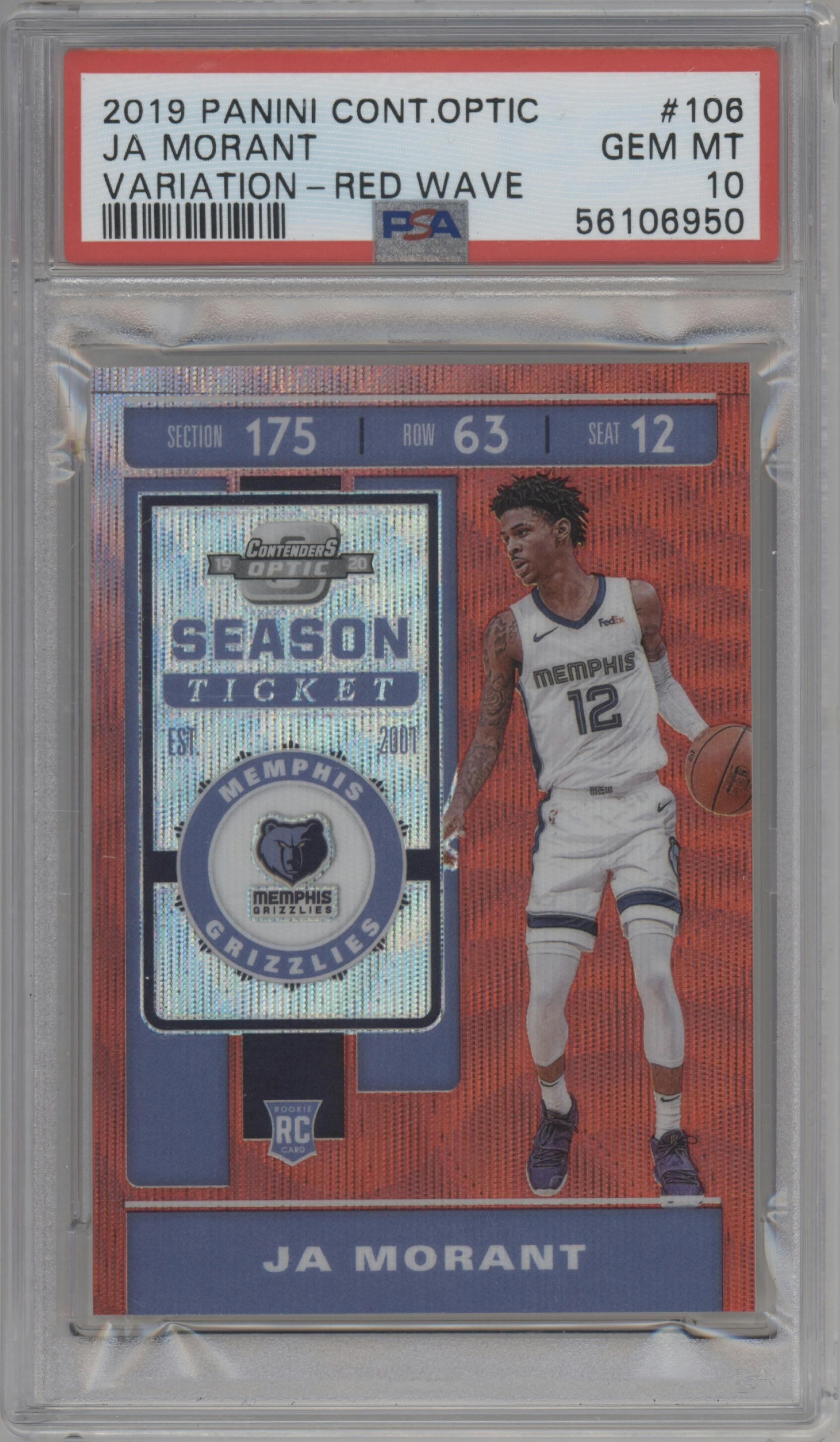 Ja Morant from the 2019-20 Panini Contenders Optic set featuring a Red Wave parallel graded by PSA and given an overall grade of 10.
