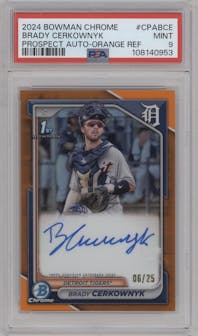 Brady Cerkownyk from the 2024 Bowman Chrome set featuring a Orange Refractor parallel graded by PSA and given an overall grade of 9.