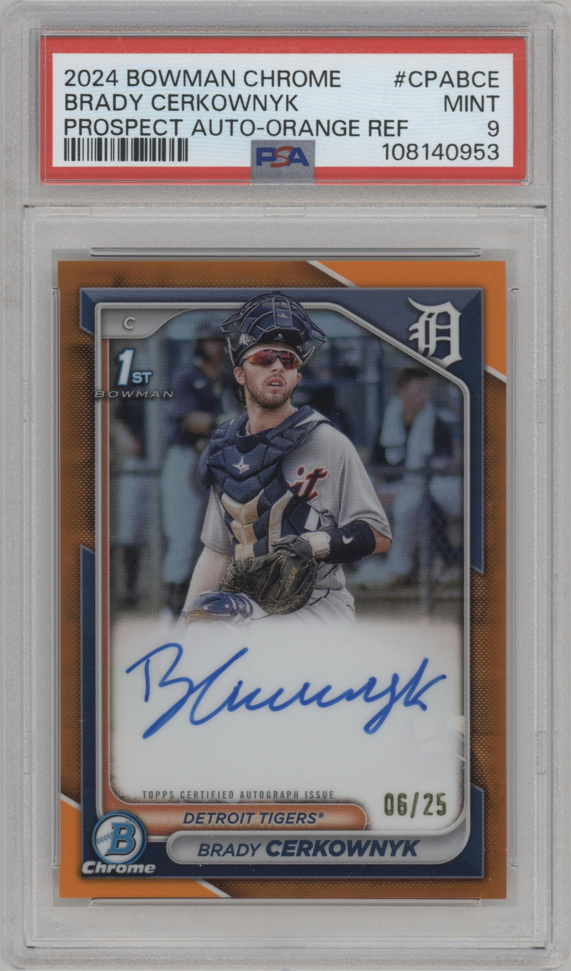 Brady Cerkownyk from the 2024 Bowman Chrome set featuring a Orange Refractor parallel graded by PSA and given an overall grade of 9.
