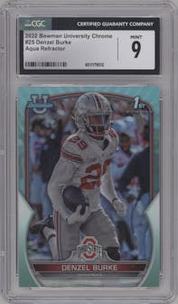 Denzel Burke from the 2022 Bowman University Chrome set featuring a Aqua Refractor  parallel graded by CSG and given an overall grade of 9.