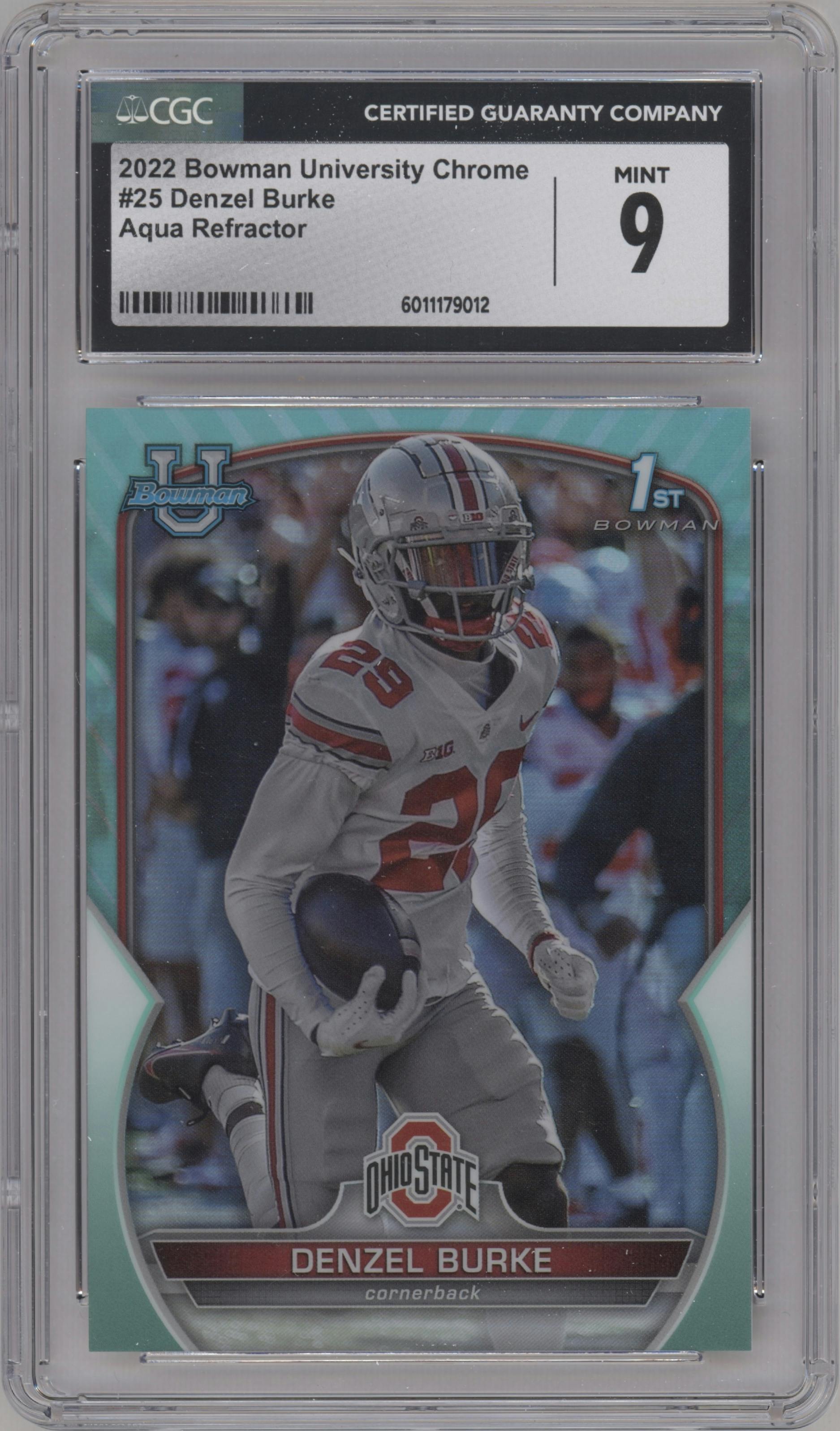 Denzel Burke from the 2022 Bowman University Chrome set featuring a Aqua Refractor  parallel graded by CSG and given an overall grade of 9.