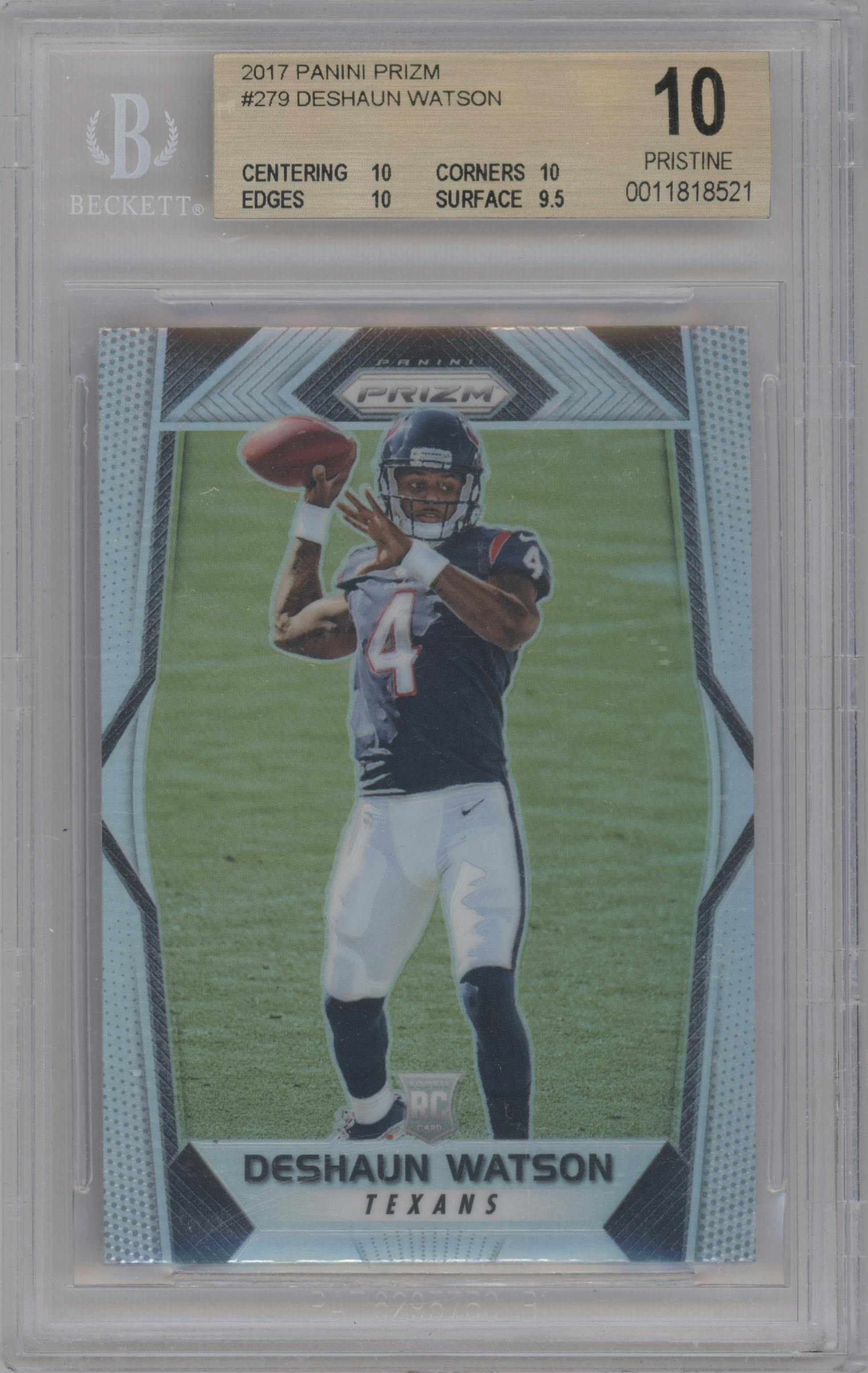 Deshaun Watson from the 2017 Panini Prizm set featuring a Prizm parallel graded by Beckett and given an overall grade of 10.