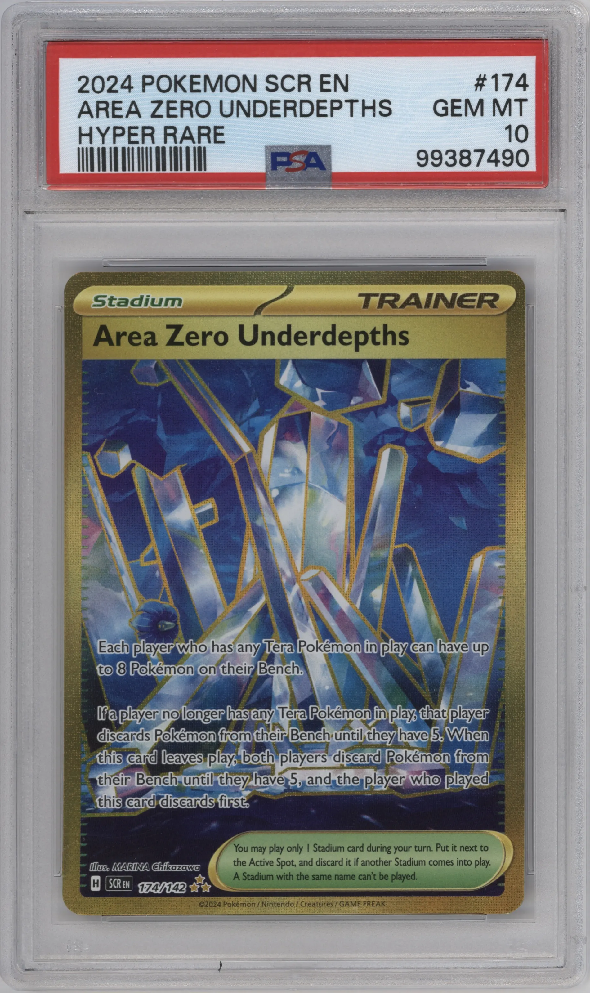Area Zero Underdepths from the 2024 Pokemon SV set graded by PSA and given an overall grade of 10.