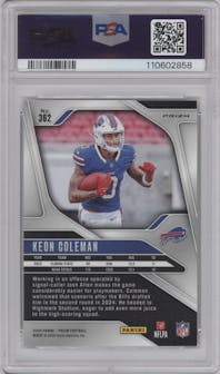Keon Coleman from the 2024 Panini Prizm set featuring a Neon Green Pulsar  parallel graded by PSA and given an overall grade of 10.