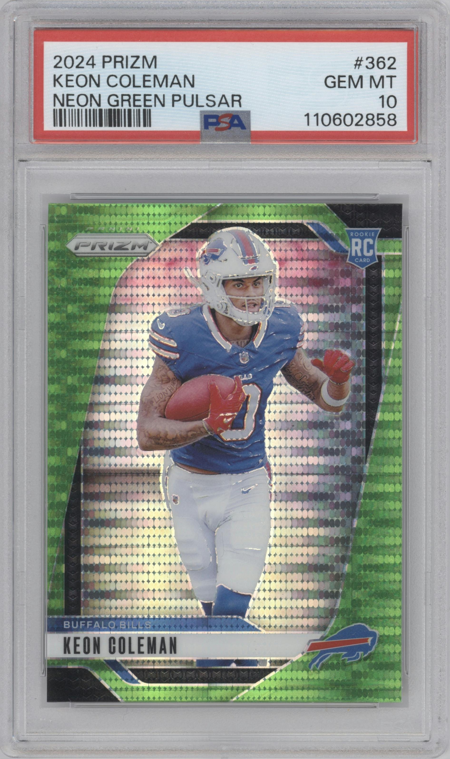 Keon Coleman from the 2024 Panini Prizm set featuring a Neon Green Pulsar  parallel graded by PSA and given an overall grade of 10.