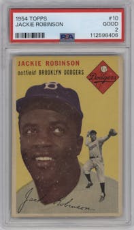 Jackie Robinson from the 1954 Topps set graded by PSA and given an overall grade of 2.