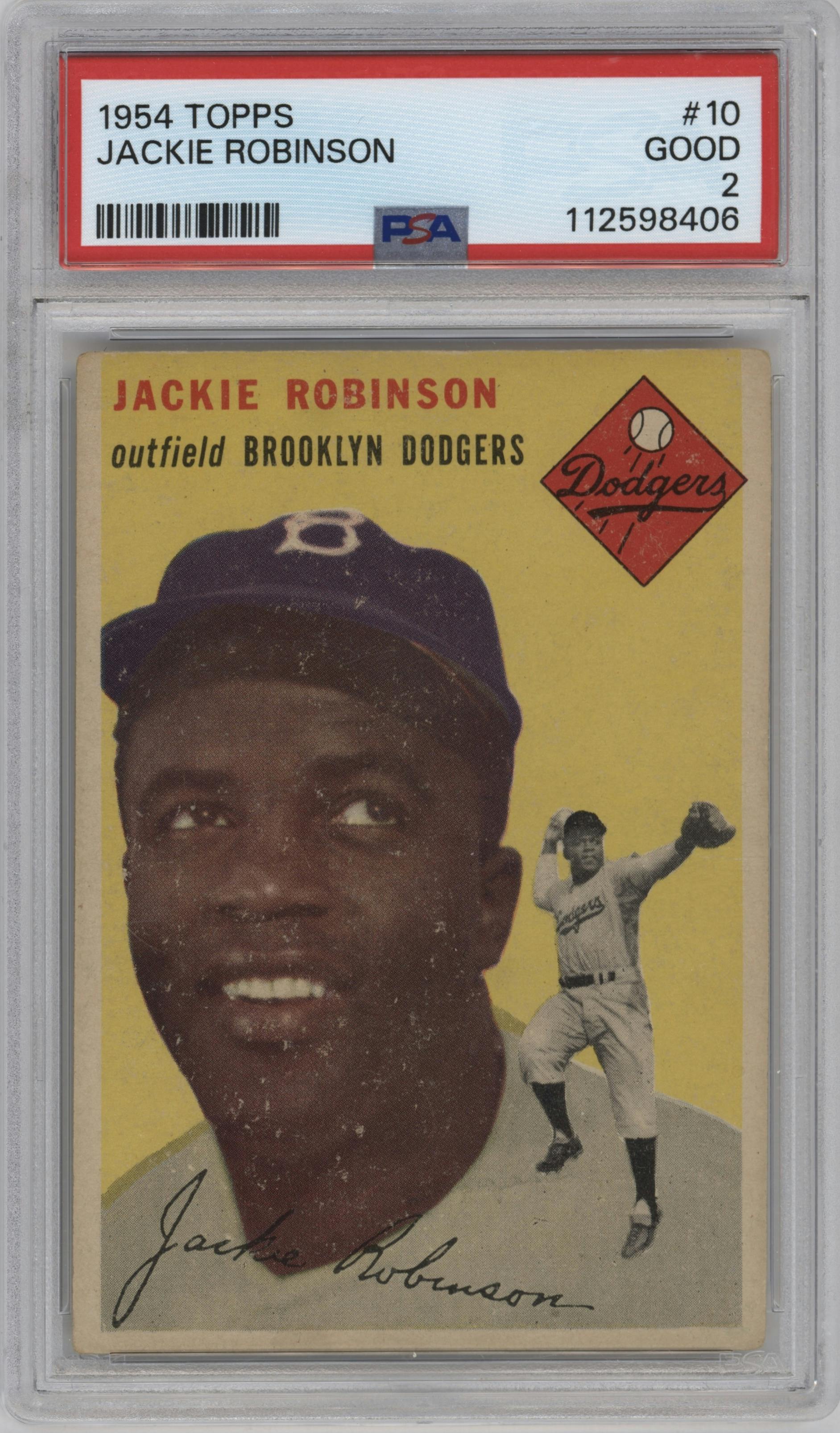 Jackie Robinson from the 1954 Topps set graded by PSA and given an overall grade of 2.