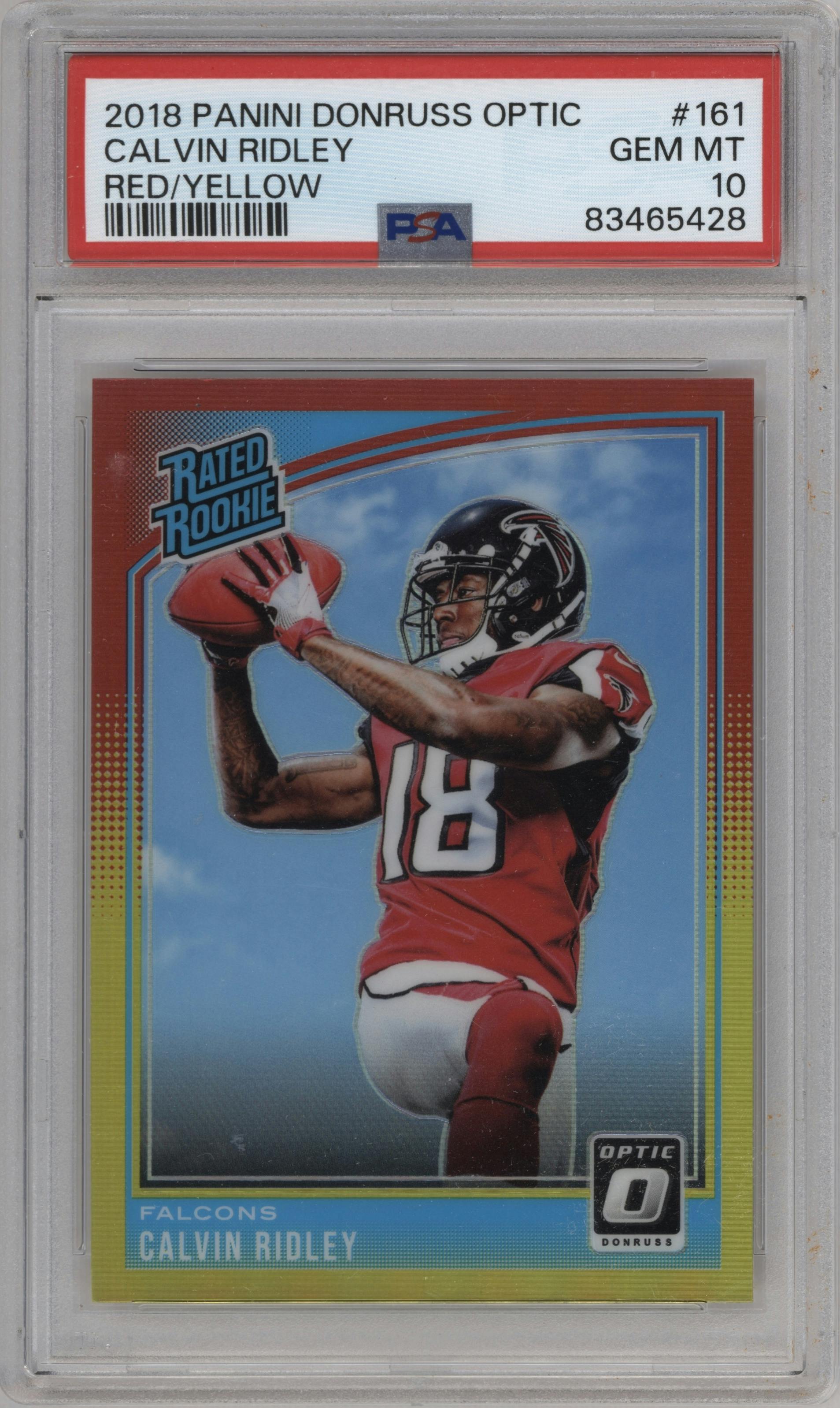 Calvin Ridley from the 2018 Panini Donruss Optic set featuring a Red/Yellow parallel graded by PSA and given an overall grade of 10.