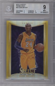 Kobe Bryant from the 2012-13 Panini Select set featuring a Gold Prizm parallel graded by Beckett and given an overall grade of 9.