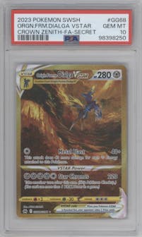 Origin Forme Dialga VSTAR from the 2023 Pokemon SWSH set graded by PSA and given an overall grade of 10.