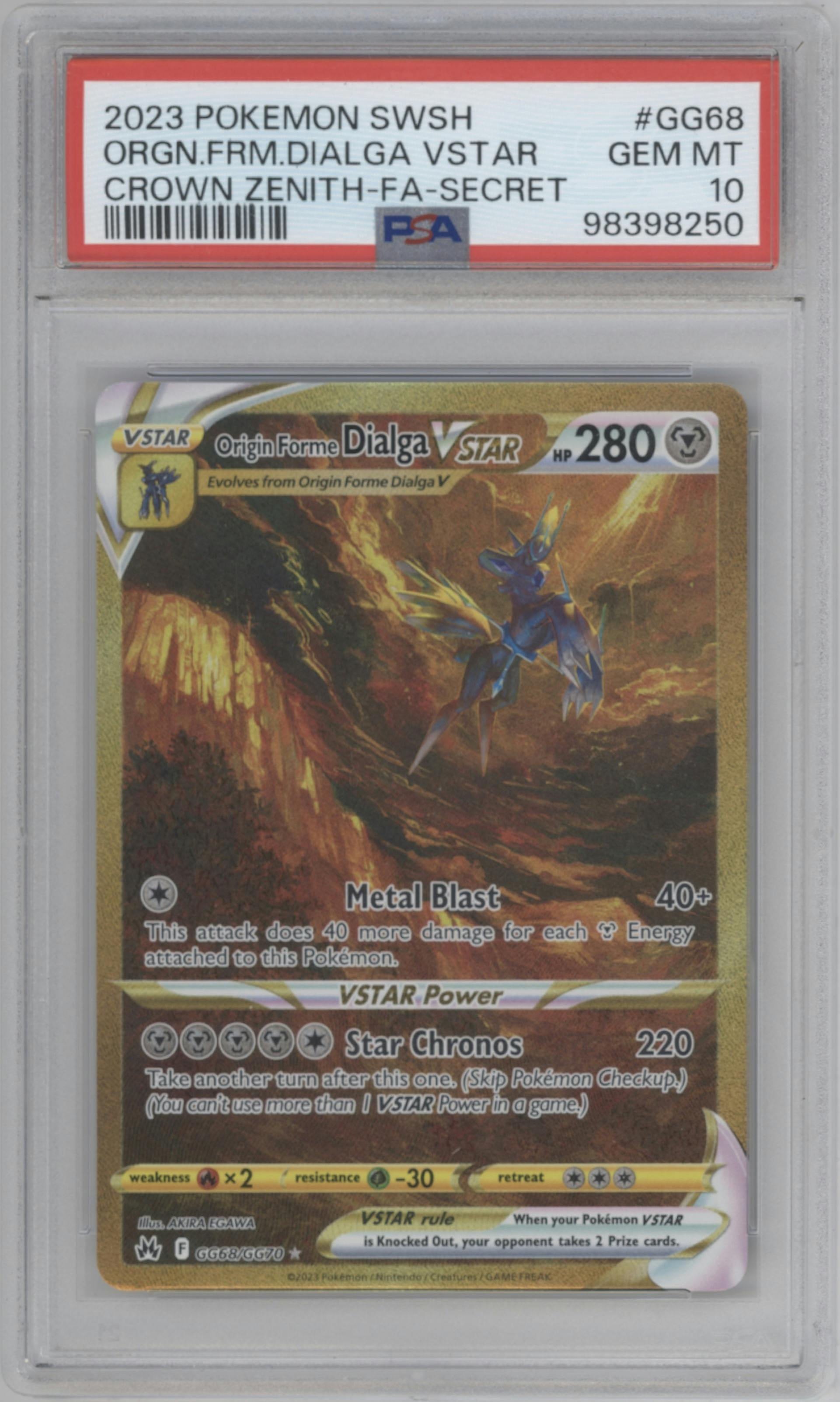 Origin Forme Dialga VSTAR from the 2023 Pokemon SWSH set graded by PSA and given an overall grade of 10.
