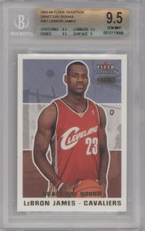 LeBron James from the 2003-04 Fleer Tradition set featuring a Draft Day Rke. parallel graded by Beckett and given an overall grade of 9.5.