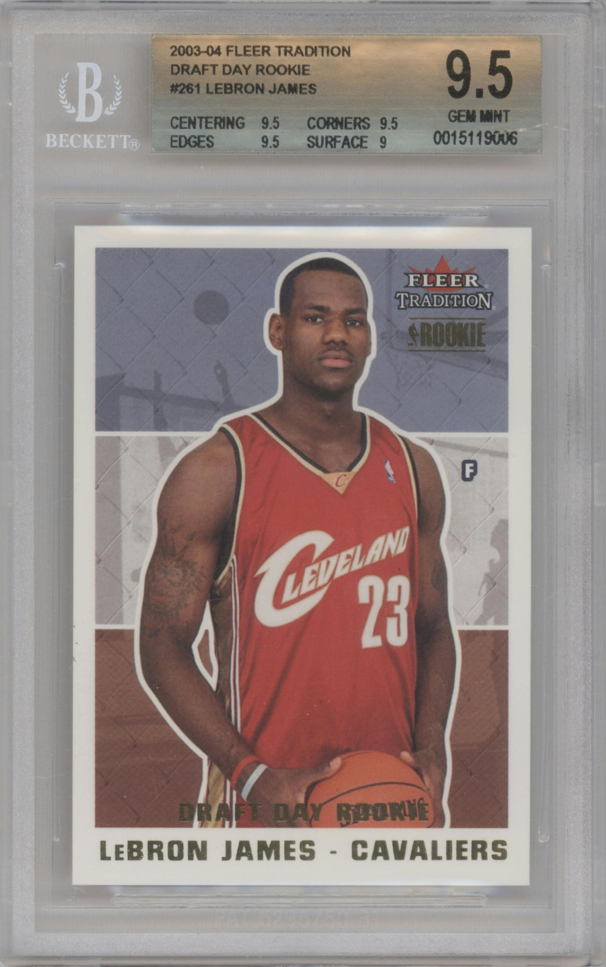 LeBron James from the 2003-04 Fleer Tradition set featuring a Draft Day Rke. parallel graded by Beckett and given an overall grade of 9.5.