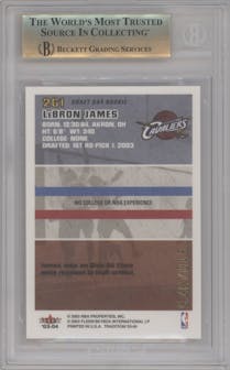 LeBron James from the 2003-04 Fleer Tradition set featuring a Draft Day Rke. parallel graded by Beckett and given an overall grade of 9.5.