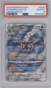 Darkrai VSTAR from the 2023 Pokemon SWSH set graded by PSA and given an overall grade of 10.