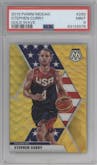 Stephen Curry from the 2019-20 Panini Mosaic  set featuring a Gold Wave parallel graded by PSA and given an overall grade of 9.