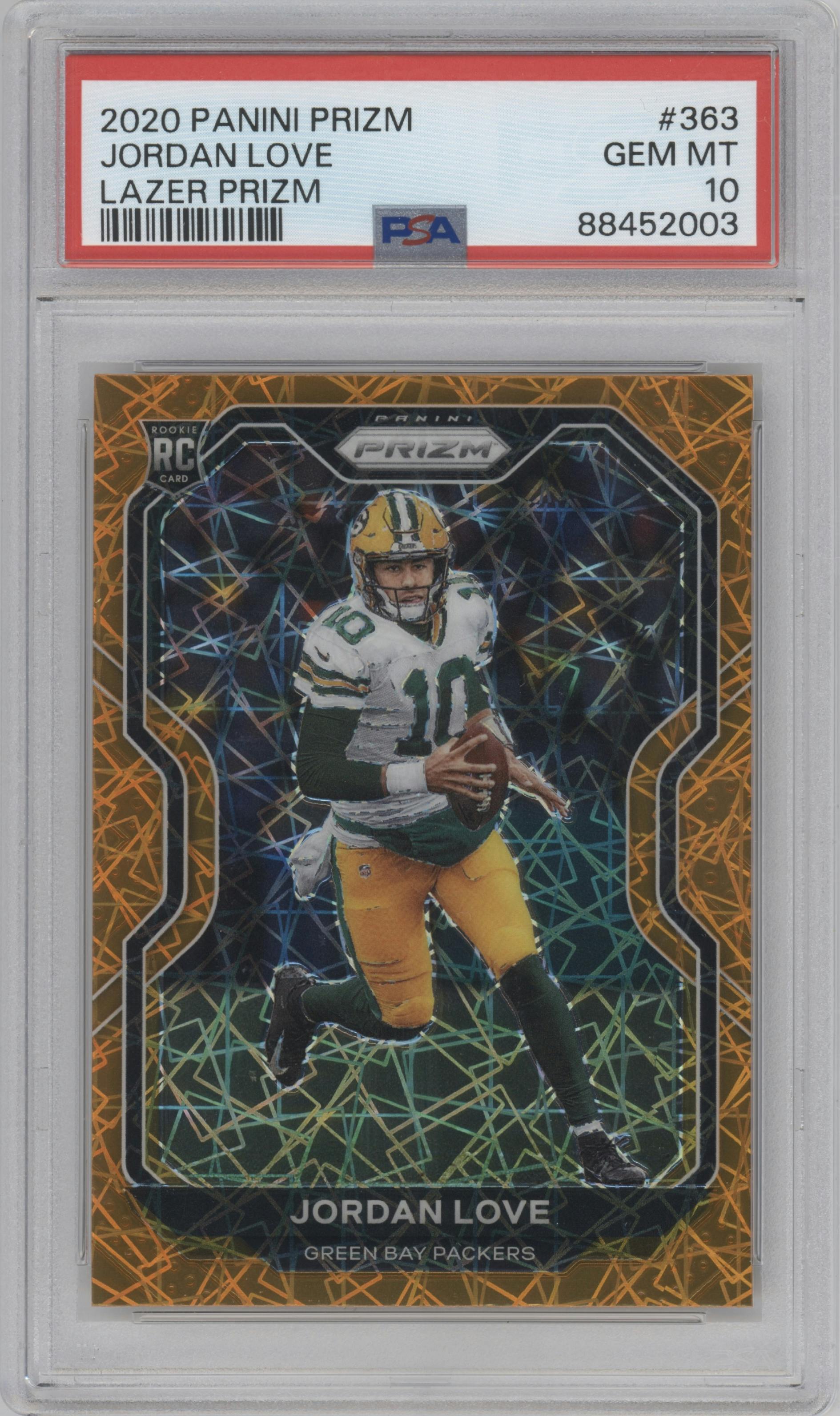 Jordan Love from the 2020 Panini Prizm set featuring a Lazer parallel graded by PSA and given an overall grade of 10.
