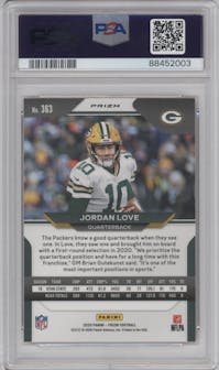 Jordan Love from the 2020 Panini Prizm set featuring a Lazer parallel graded by PSA and given an overall grade of 10.