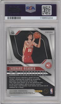 Zaccharie Risacher from the 2024-25 Panini Prizm set featuring a Blue Prizm parallel graded by PSA and given an overall grade of 9.