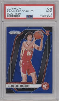 Zaccharie Risacher from the 2024-25 Panini Prizm set featuring a Blue Prizm parallel graded by PSA and given an overall grade of 9.