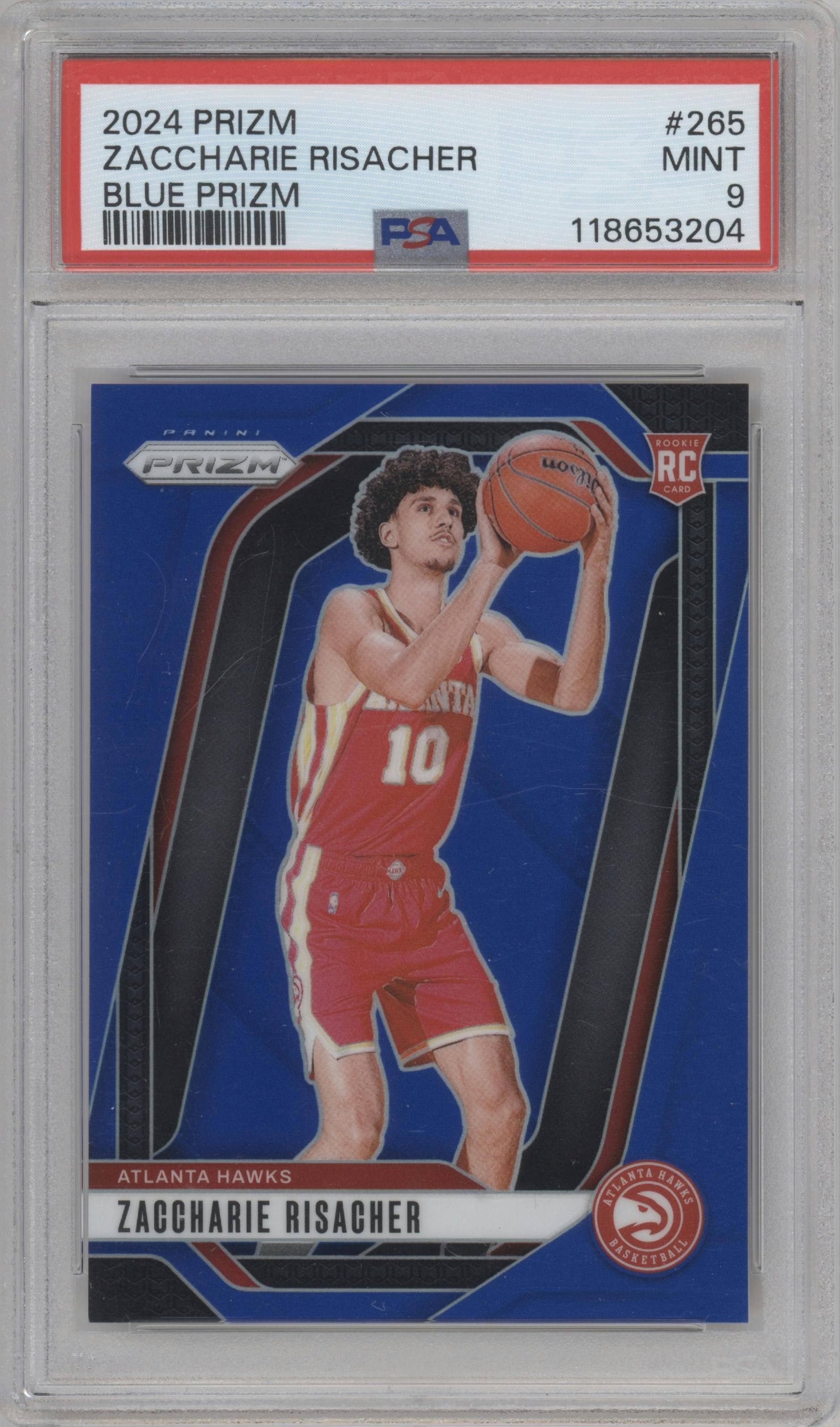 Zaccharie Risacher from the 2024-25 Panini Prizm set featuring a Blue Prizm parallel graded by PSA and given an overall grade of 9.