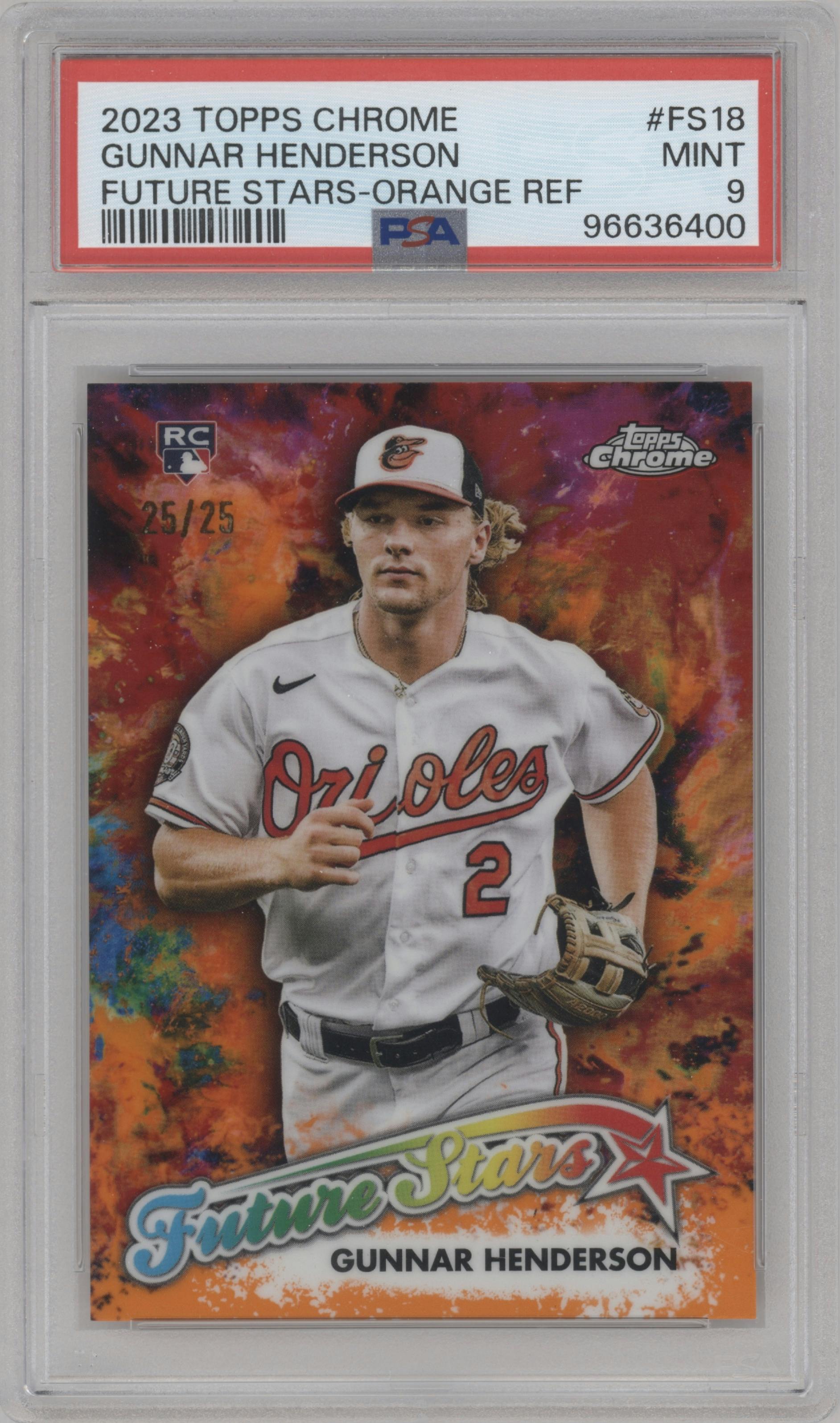 Gunnar Henderson from the 2023 Topps Chrome set featuring a Orange Refractor parallel graded by PSA and given an overall grade of 9.