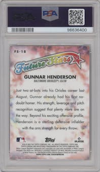 Gunnar Henderson from the 2023 Topps Chrome set featuring a Orange Refractor parallel graded by PSA and given an overall grade of 9.