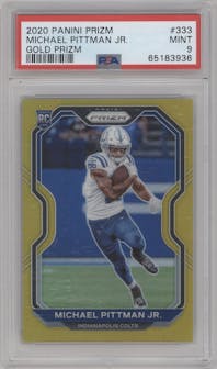 Michael Pittman Jr. from the 2020 Panini Prizm set featuring a Gold Prizm parallel graded by PSA and given an overall grade of 9.