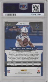 Michael Pittman Jr. from the 2020 Panini Prizm set featuring a Gold Prizm parallel graded by PSA and given an overall grade of 9.