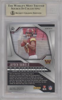 Jayden Daniels from the 2024 Panini Prizm set featuring a Lazer Prizm parallel graded by Beckett and given an overall grade of 9.5.