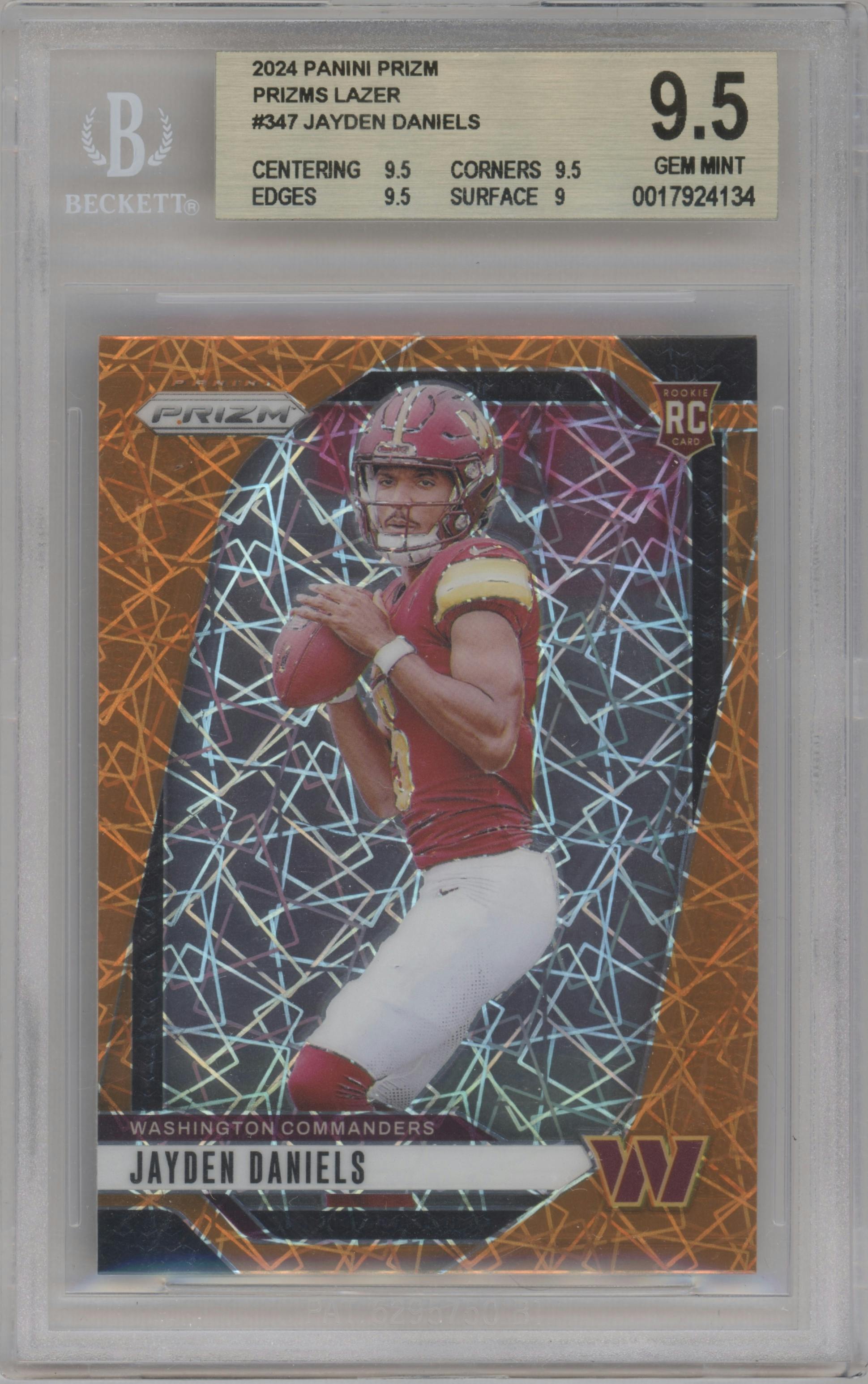 Jayden Daniels from the 2024 Panini Prizm set featuring a Lazer Prizm parallel graded by Beckett and given an overall grade of 9.5.