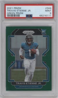 Travis Etienne Jr. from the 2021 Panini Prizm set featuring a Green Prizm parallel graded by PSA and given an overall grade of 9.