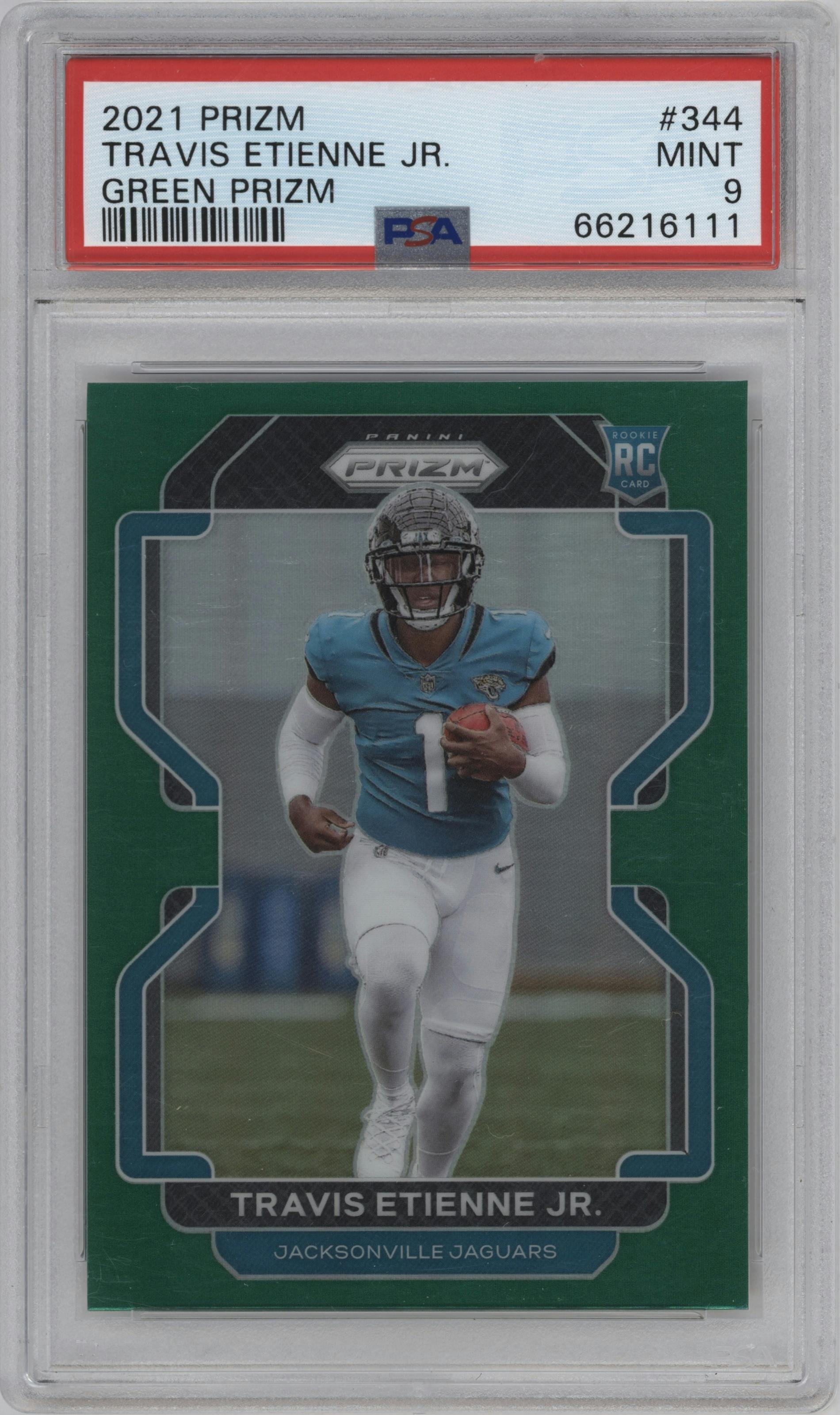 Travis Etienne Jr. from the 2021 Panini Prizm set featuring a Green Prizm parallel graded by PSA and given an overall grade of 9.