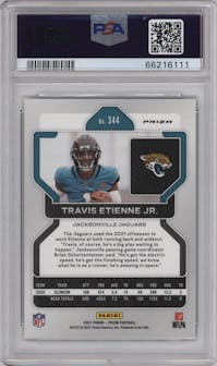 Travis Etienne Jr. from the 2021 Panini Prizm set featuring a Green Prizm parallel graded by PSA and given an overall grade of 9.