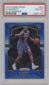 RJ Barrett from the 2019-20 Panini Prizm set featuring a Blue Shimmer parallel graded by PSA and given an overall grade of 10.
