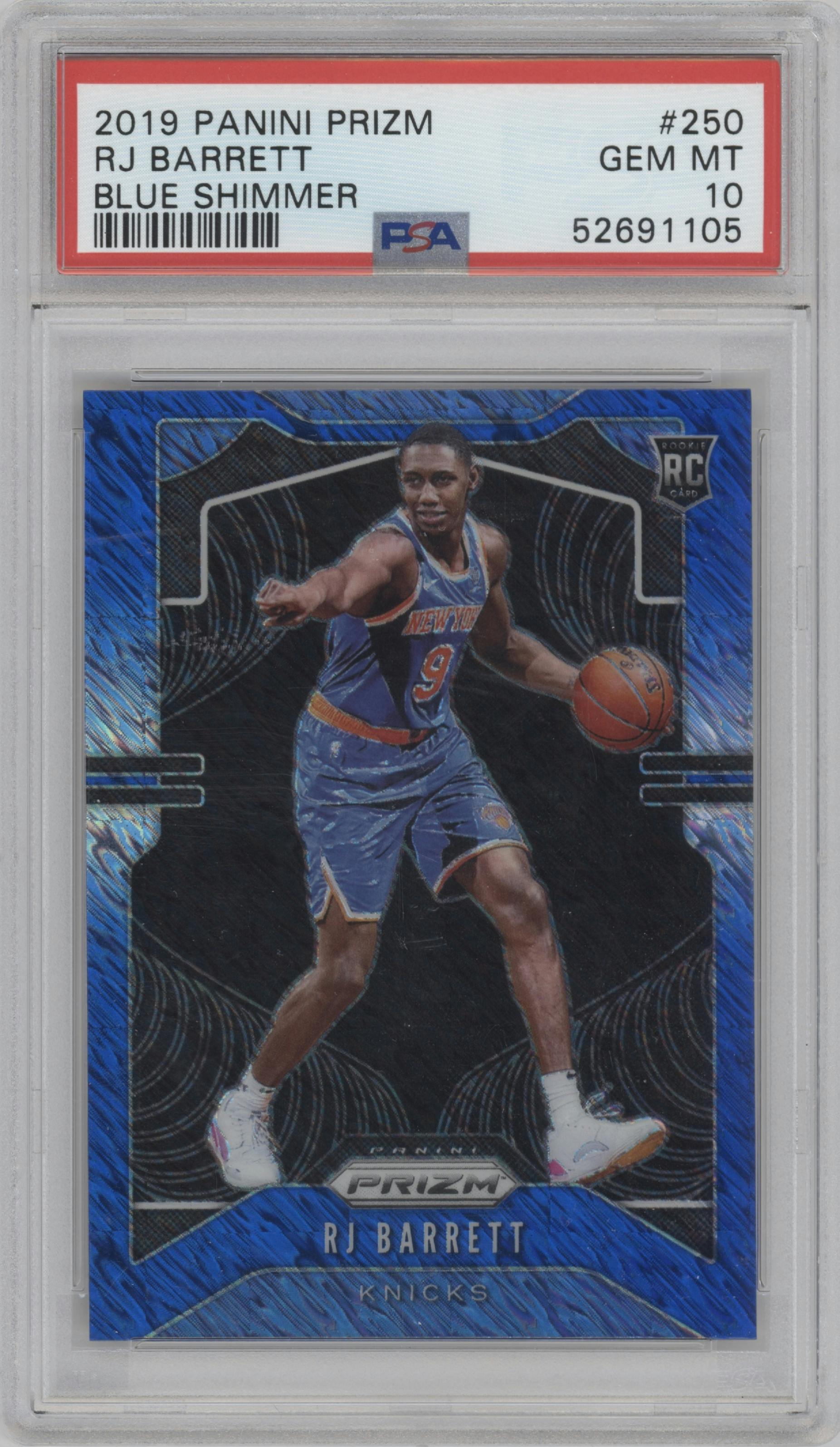 RJ Barrett from the 2019-20 Panini Prizm set featuring a Blue Shimmer parallel graded by PSA and given an overall grade of 10.