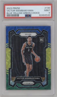 Victor Wembanyama from the 2023-24 Panini Prizm set featuring a Choice Blue/Yellow/Green parallel graded by PSA and given an overall grade of 9.
