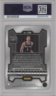 Victor Wembanyama from the 2023-24 Panini Prizm set featuring a Choice Blue/Yellow/Green parallel graded by PSA and given an overall grade of 9.