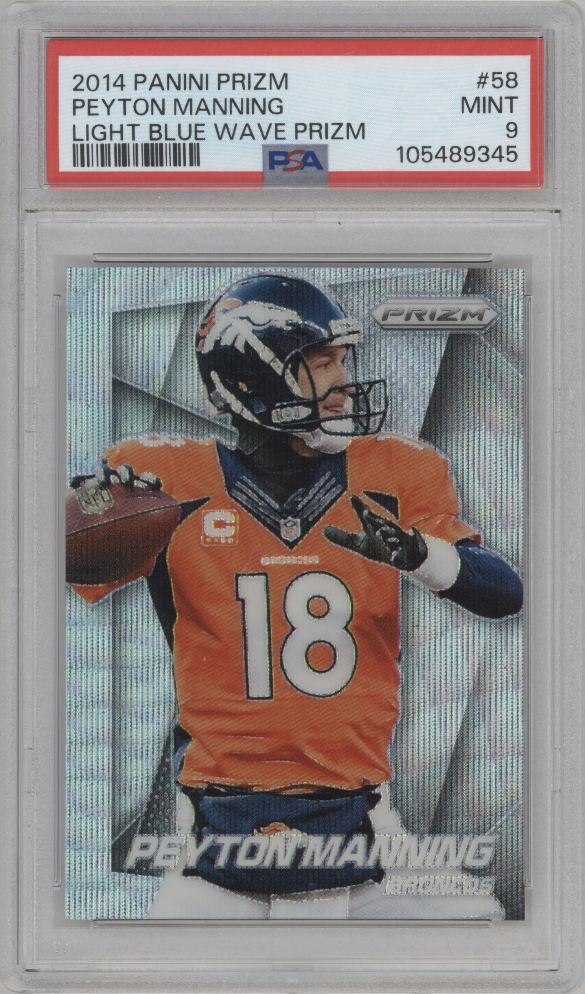 Peyton Manning from the 2014 Panini Prizm set featuring a Light Blue Wave parallel graded by PSA and given an overall grade of 9.