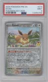 Eevee from the 2025 Pokemon SV set featuring a Pokemon Day 2025 parallel graded by PSA and given an overall grade of 9.