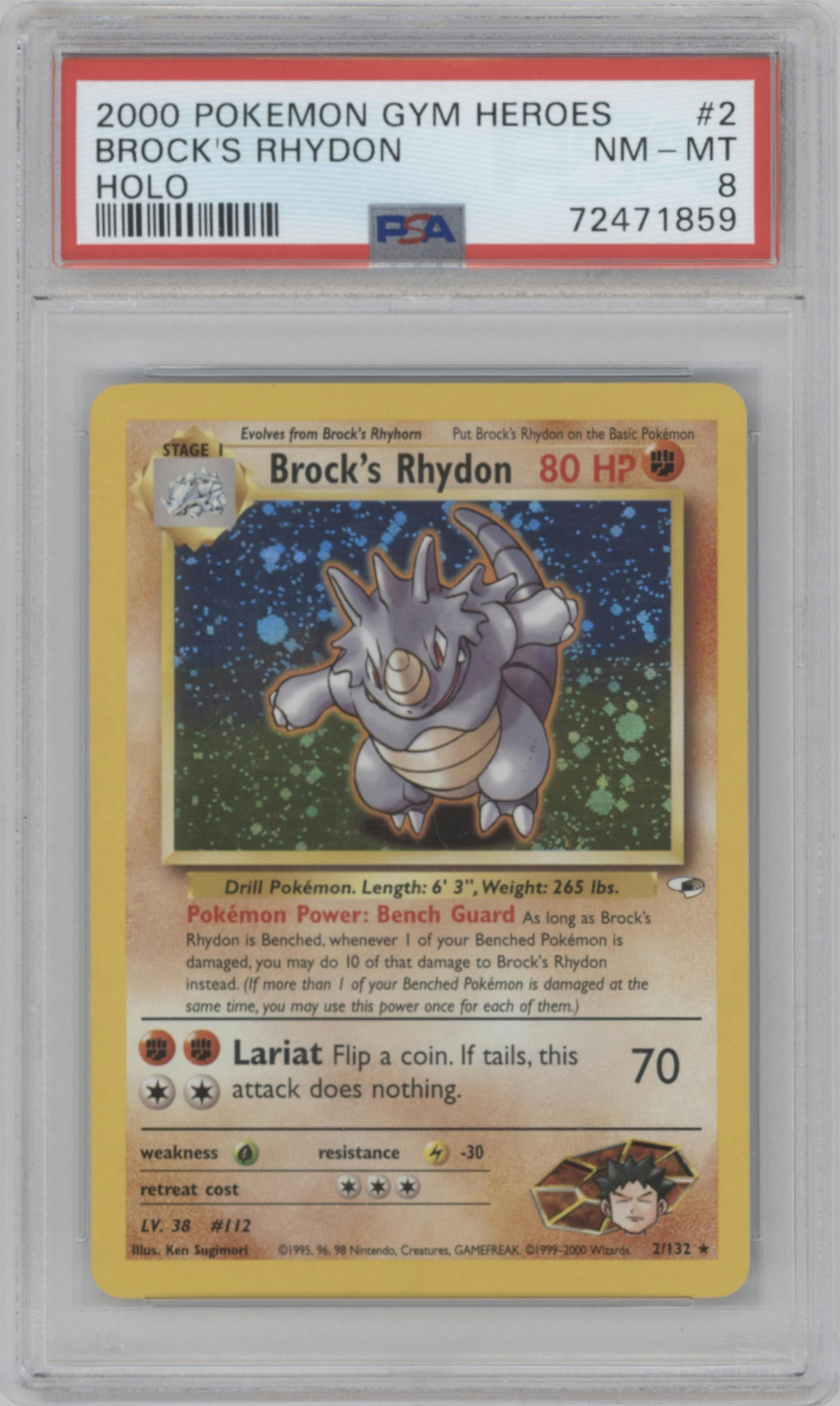 Brock's Rhydon from the 2000 Pokemon GH set graded by PSA and given an overall grade of 8.