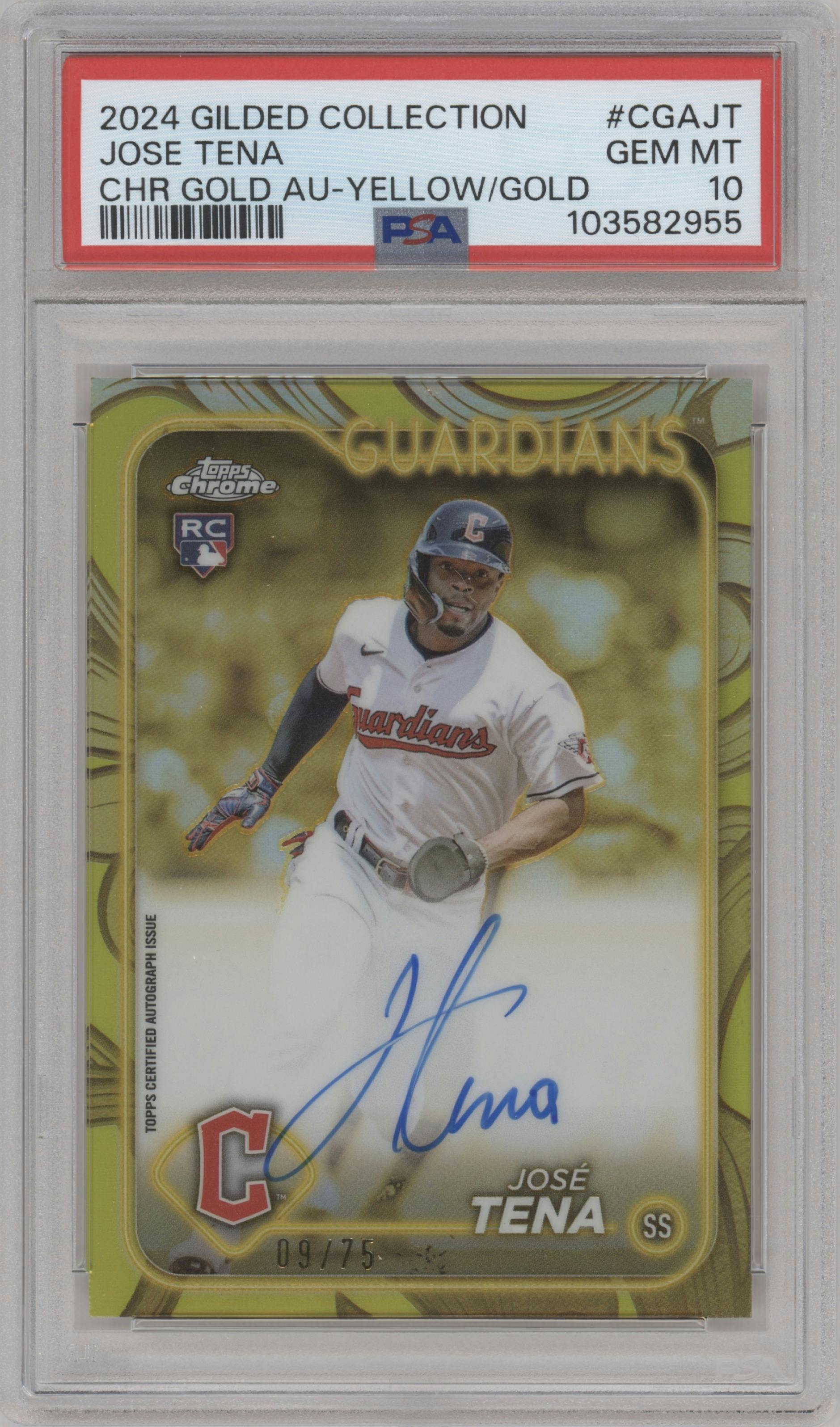 Jose Tena from the 2024 Topps Gilded Collection set featuring a Yellow/Gold parallel graded by PSA and given an overall grade of 10.
