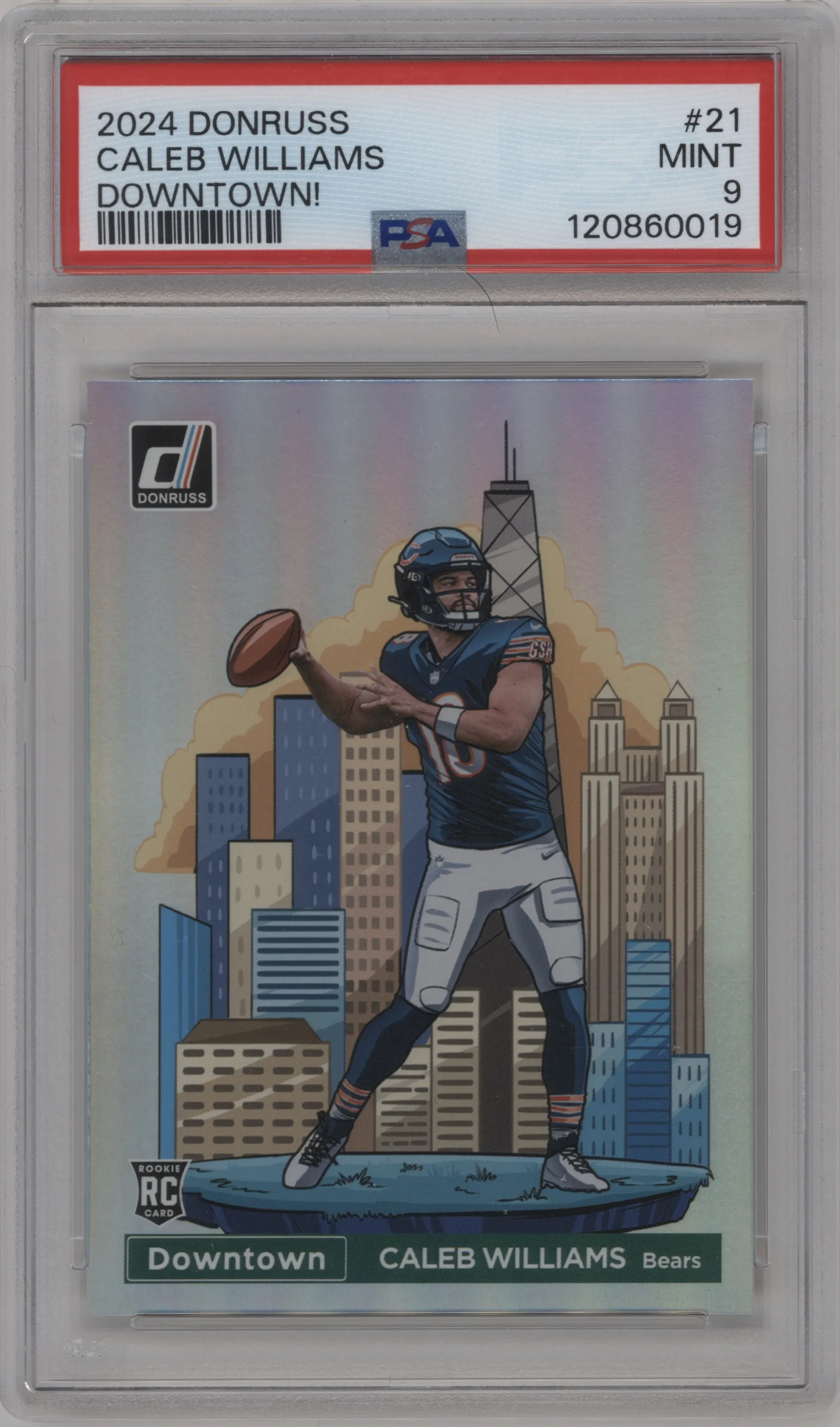 Caleb Williams from the 2024 Donruss set graded by PSA and given an overall grade of 9.