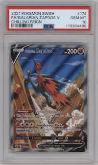 Galarian Zapdos V from the 2021 Pokemon SWSH set graded by PSA and given an overall grade of 10.